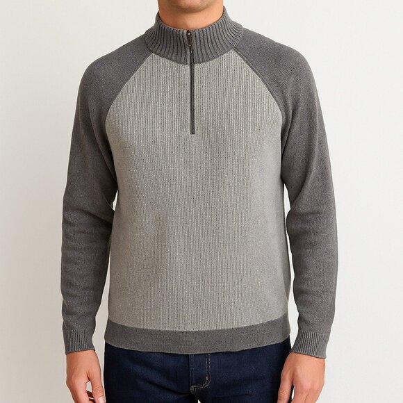 Eddie Bauer Mens TXL Gray 1/2 Zip Mock Neck Cotton Merino Wool Knit Sweater - Picture 1 of 14